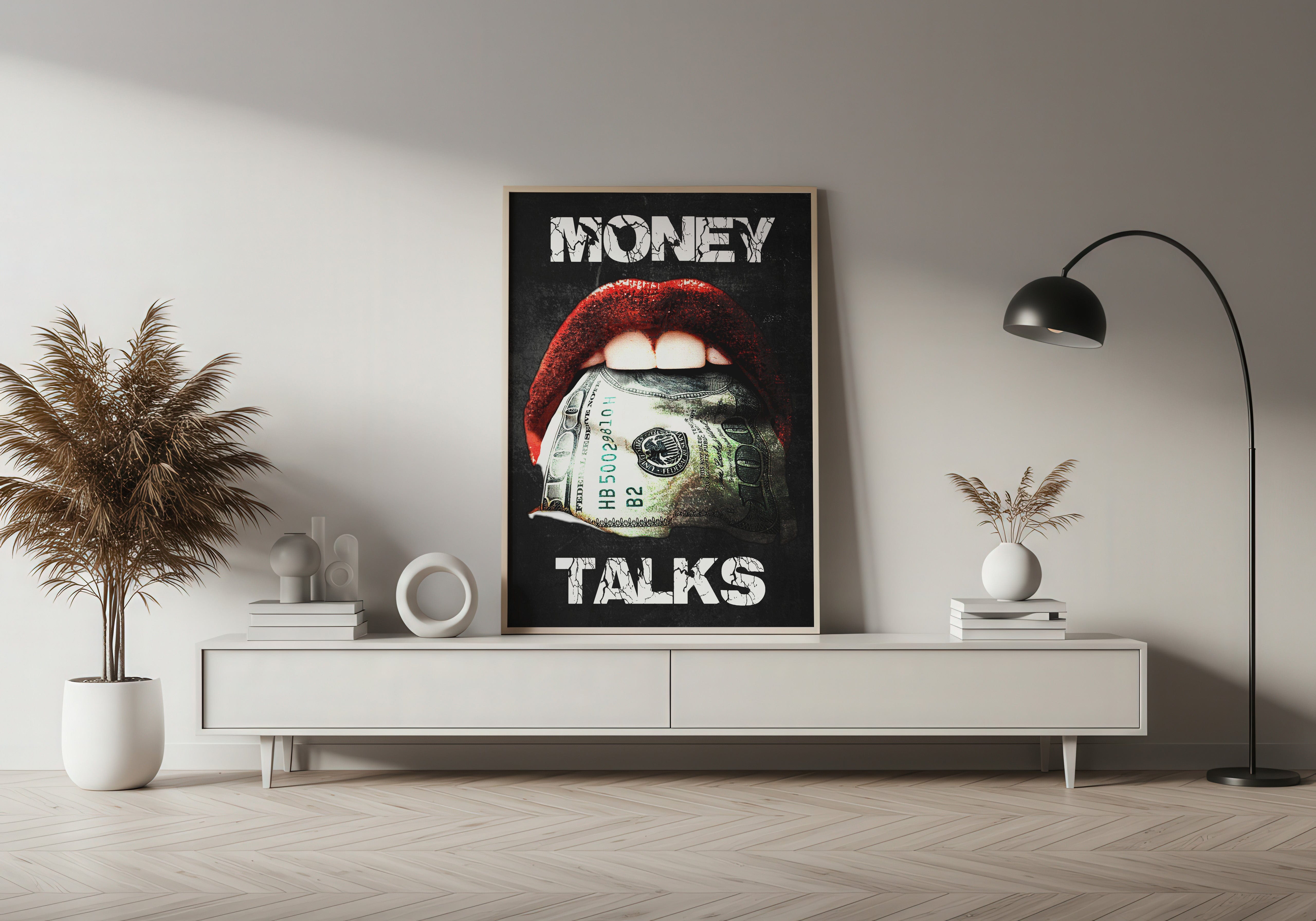 Contemporary pop art Money Talks wall art print, rebellious design with lips and dollar bill.