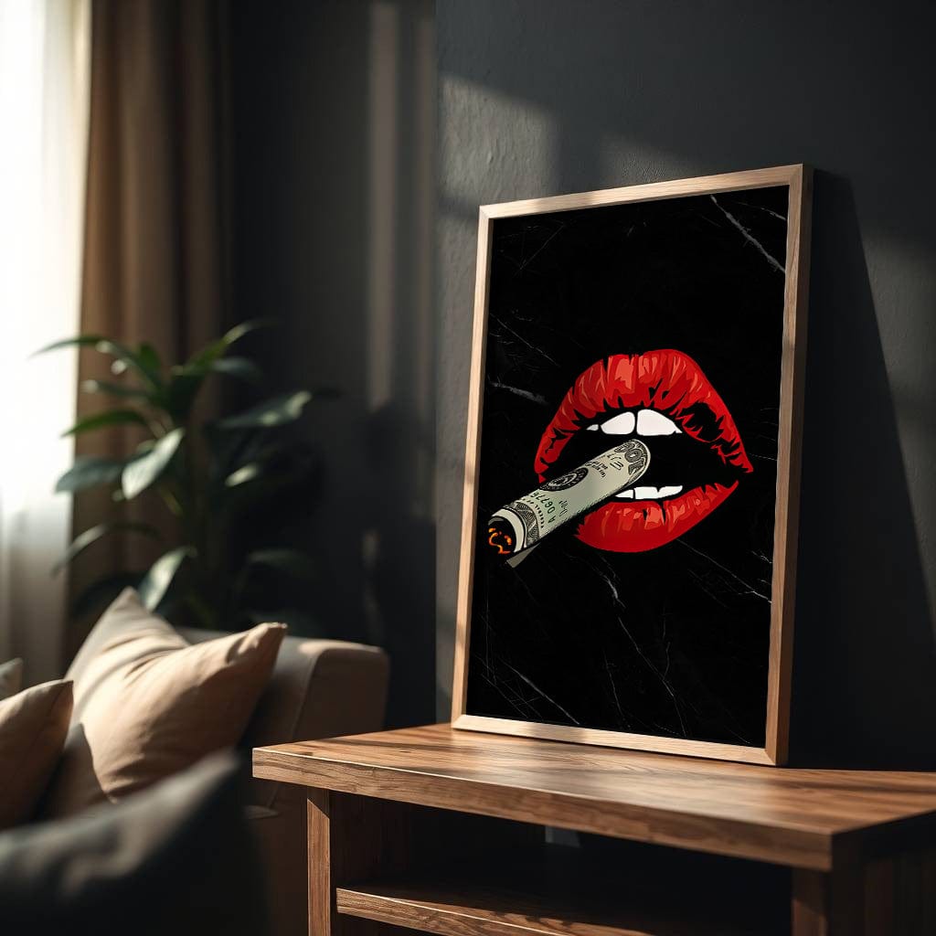 Framed artwork of red lips with a dollar bill on a dark background, placed on a wooden table.