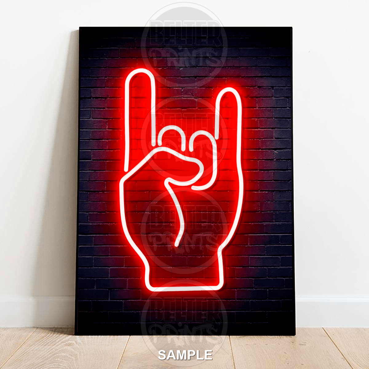 Rock On | Red Neon Hand Sign Wall Art Print