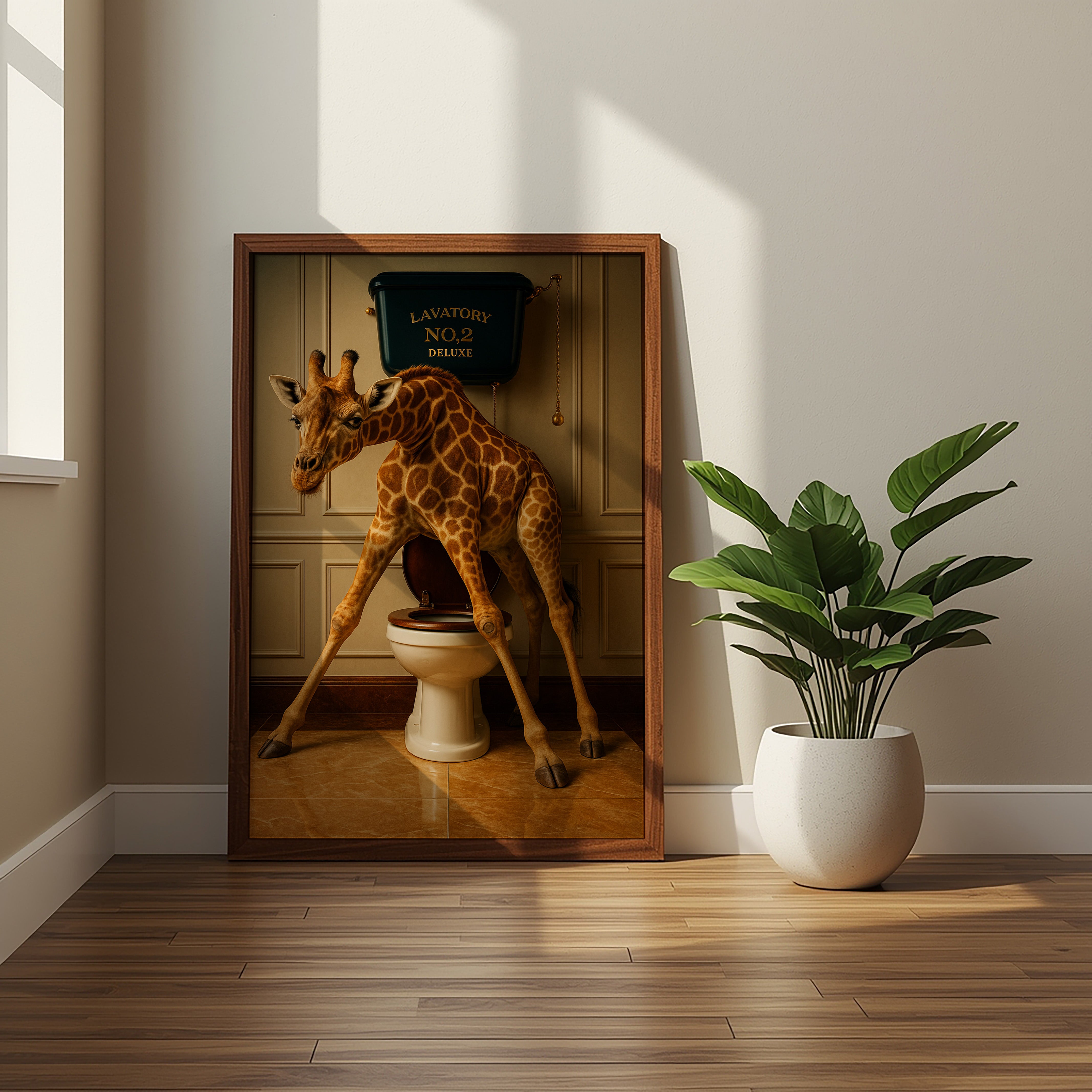 Framed artwork of a giraffe using a toilet in a room with a plant on a wooden floor.