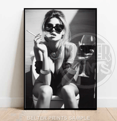 serenity-woman-wine-smoking-black-white-wall-art-print