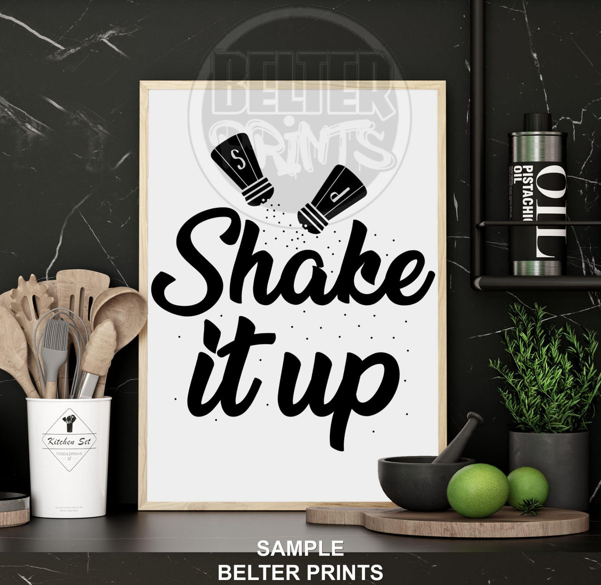 shake it up wall art, salt and pepper kitchen print, cooking pun poster