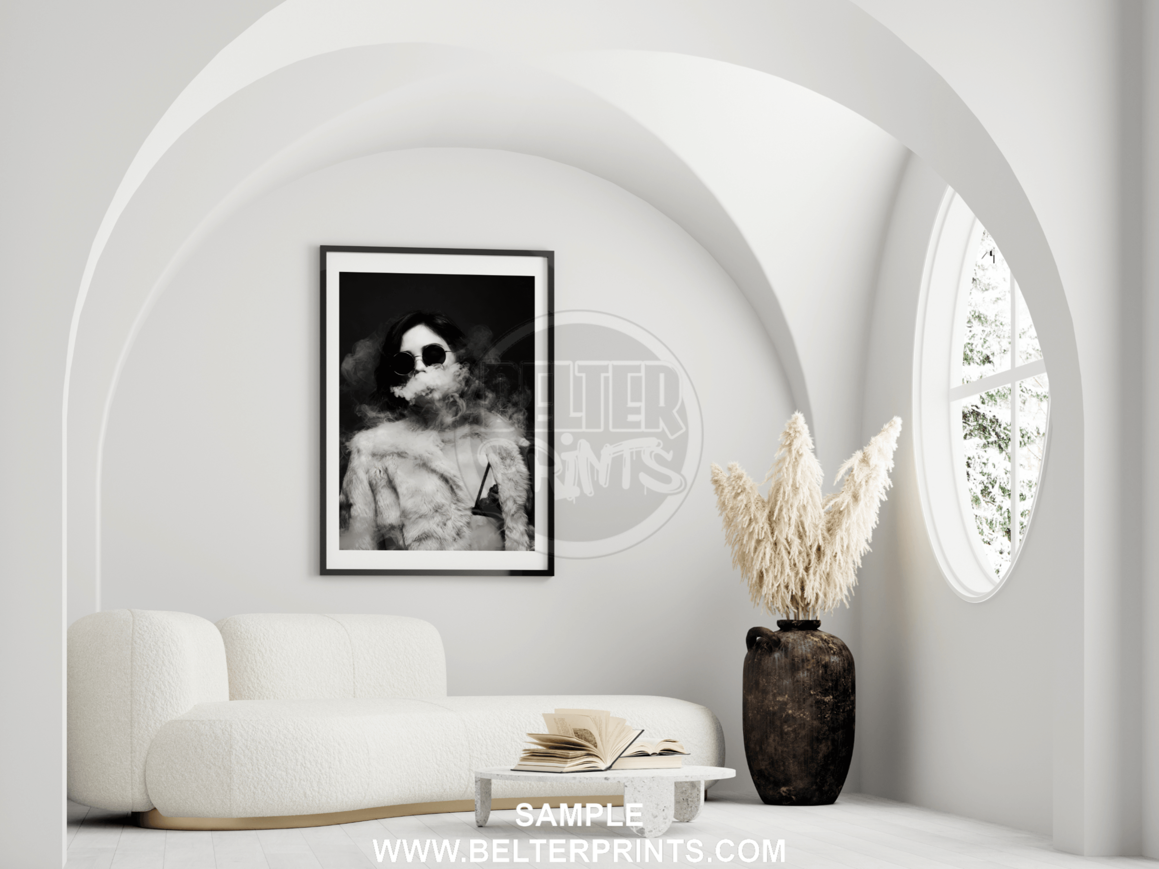 smoke-show-woman-sunglasses-black-white-wall-art-print-wall