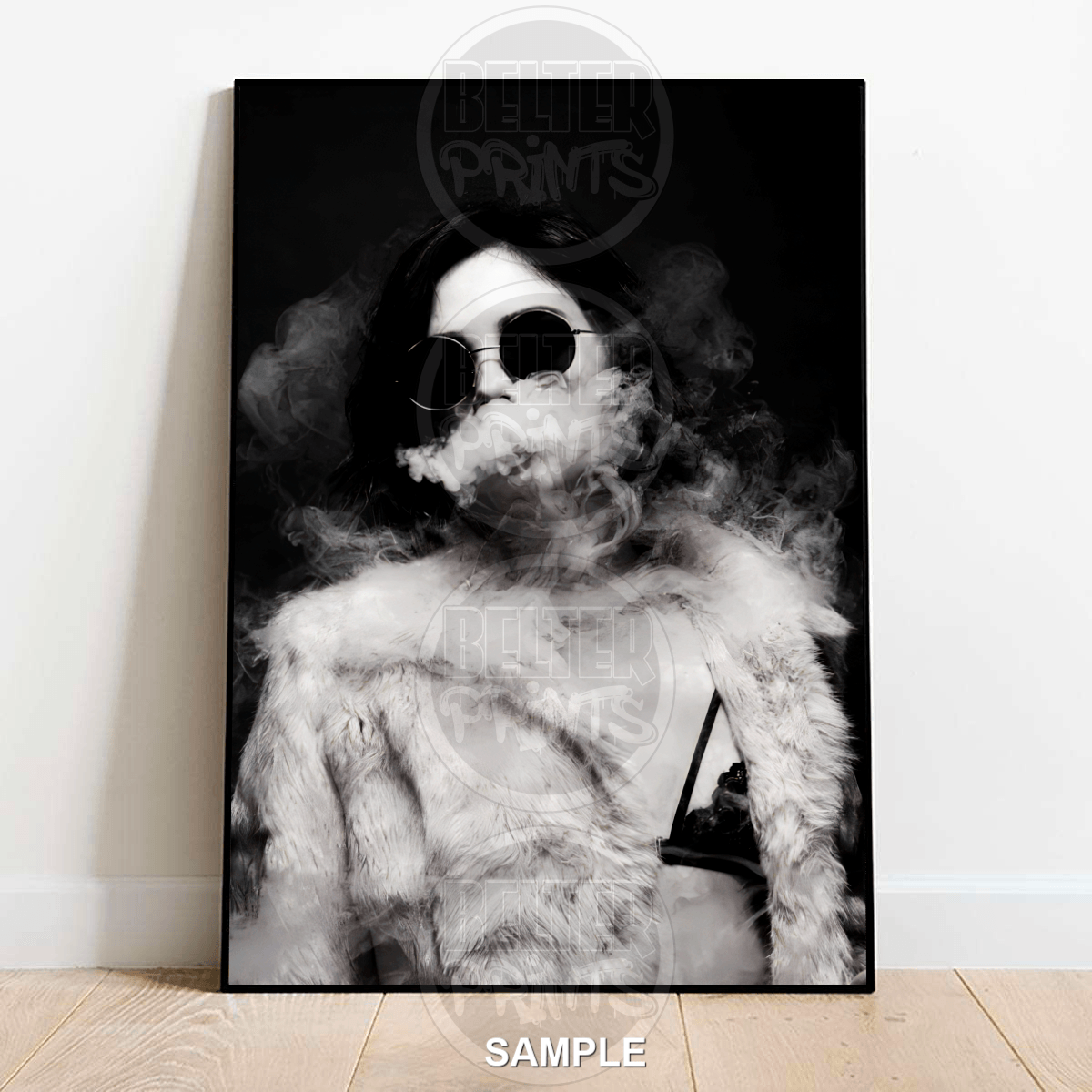 smoke-show-woman-sunglasses-black-white-wall-art-print