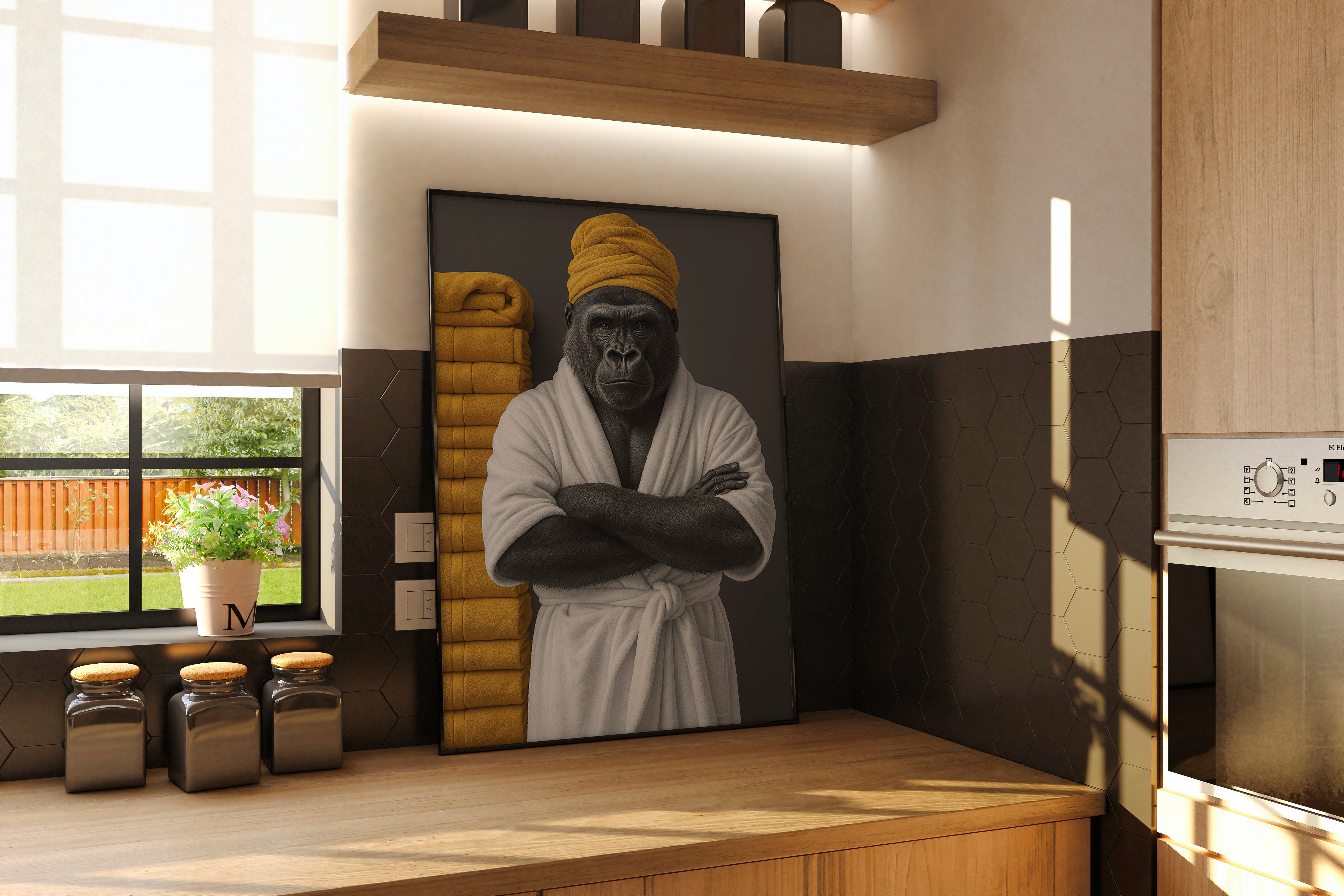 Kitchen interior with a painting of a gorilla in a robe on the wall.
