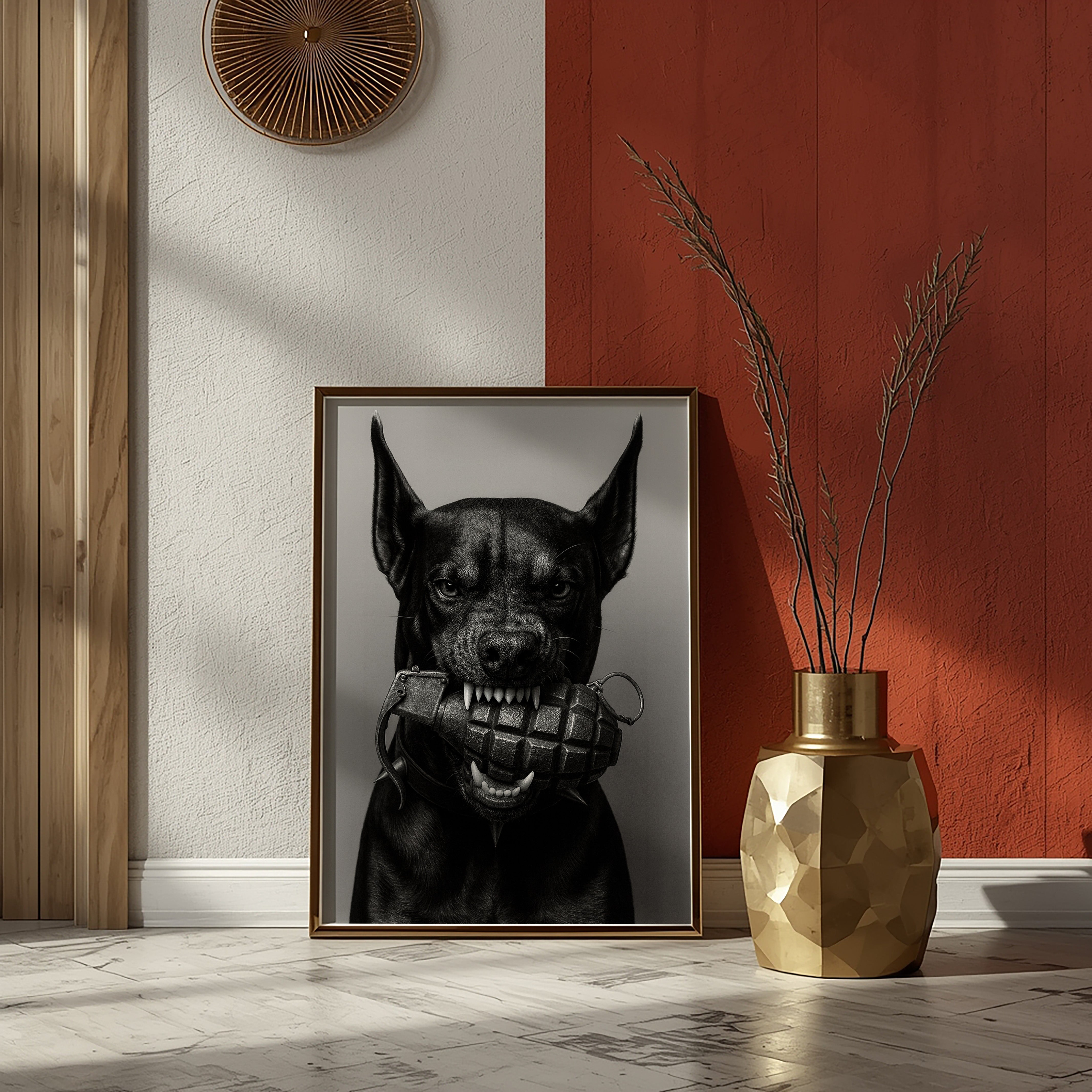 Framed black and white dog portrait on a wall with a gold vase and decorative plant.