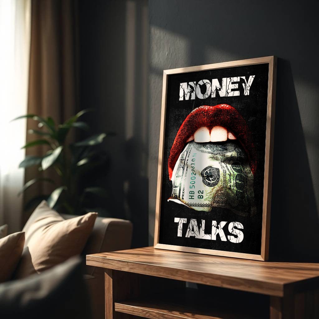 Edgy black, white and red Money Talks artwork in modern pop art style for statement wall decor.