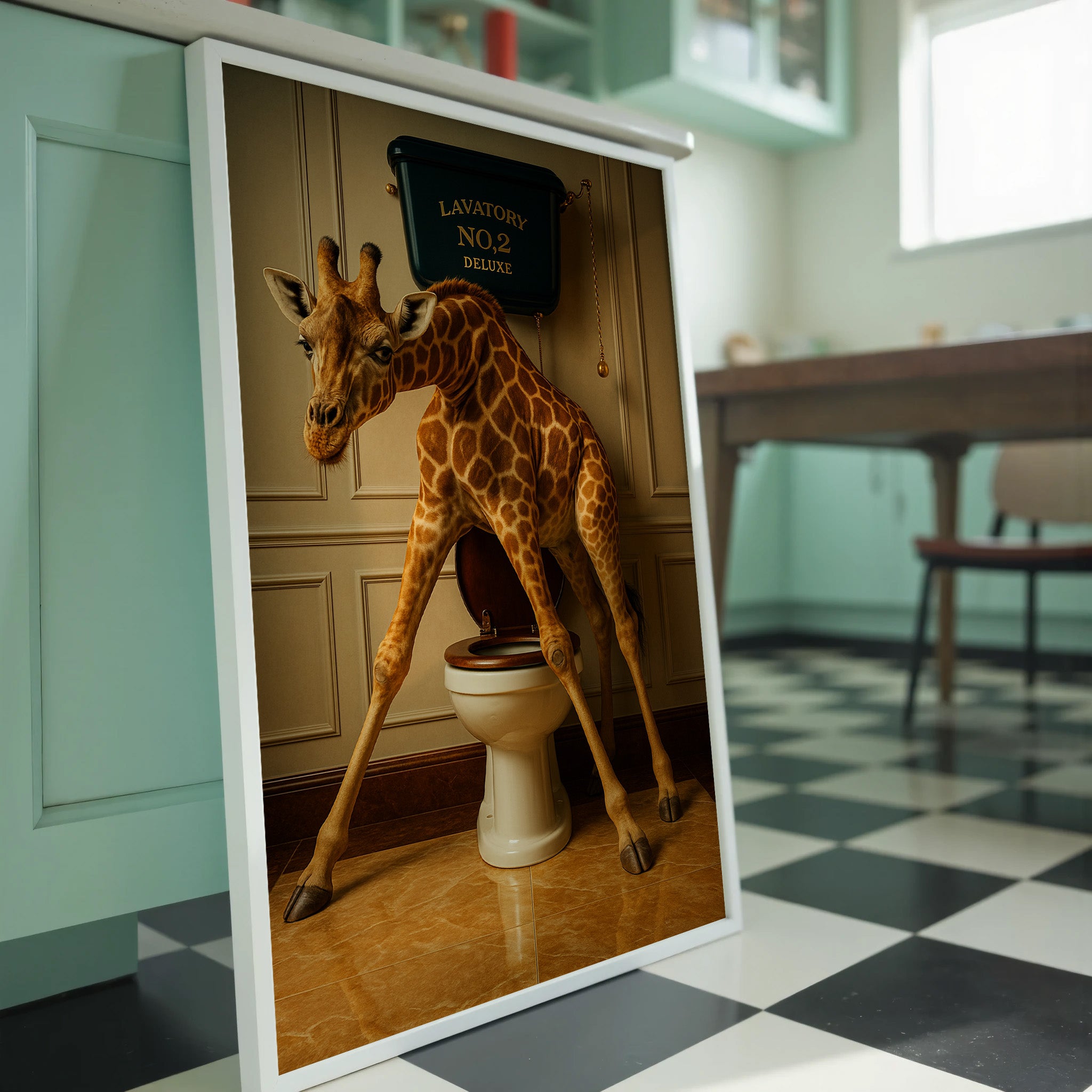 Framed picture of a giraffe using a toilet in a room with checkered floor.