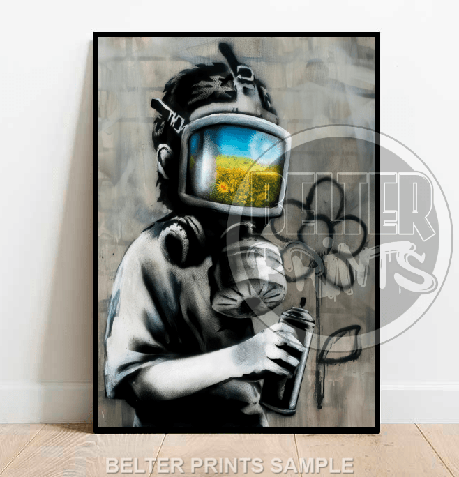 Framed artwork of a person wearing a gas mask with a reflective surface, holding a spray can.