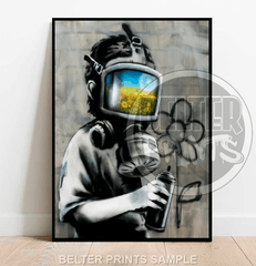 Framed artwork of a person wearing a gas mask with a reflective surface, holding a spray can.