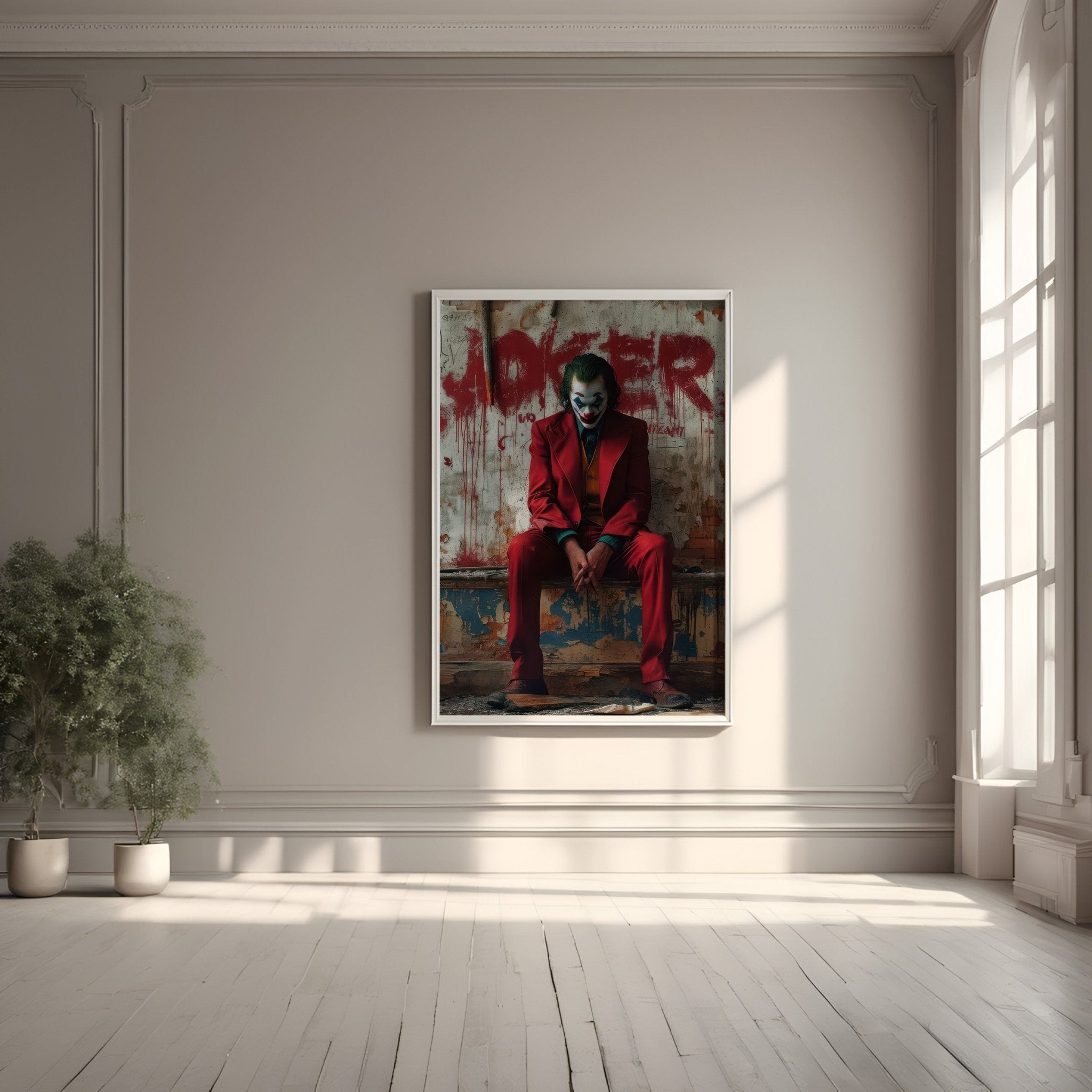 Framed artwork of a character in a red suit with 'JOKER' text on a wall in a bright room.