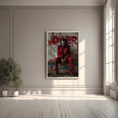 Framed artwork of a character in a red suit with 'JOKER' text on a wall in a bright room.