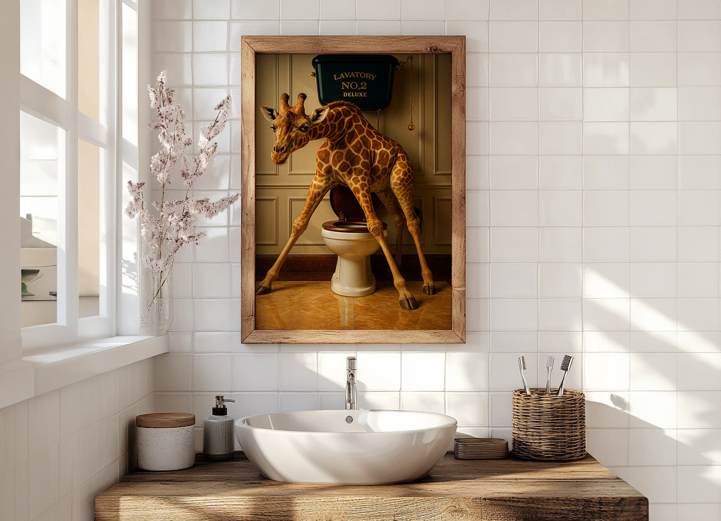 Bathroom with a giraffe on a toilet poster above a sink