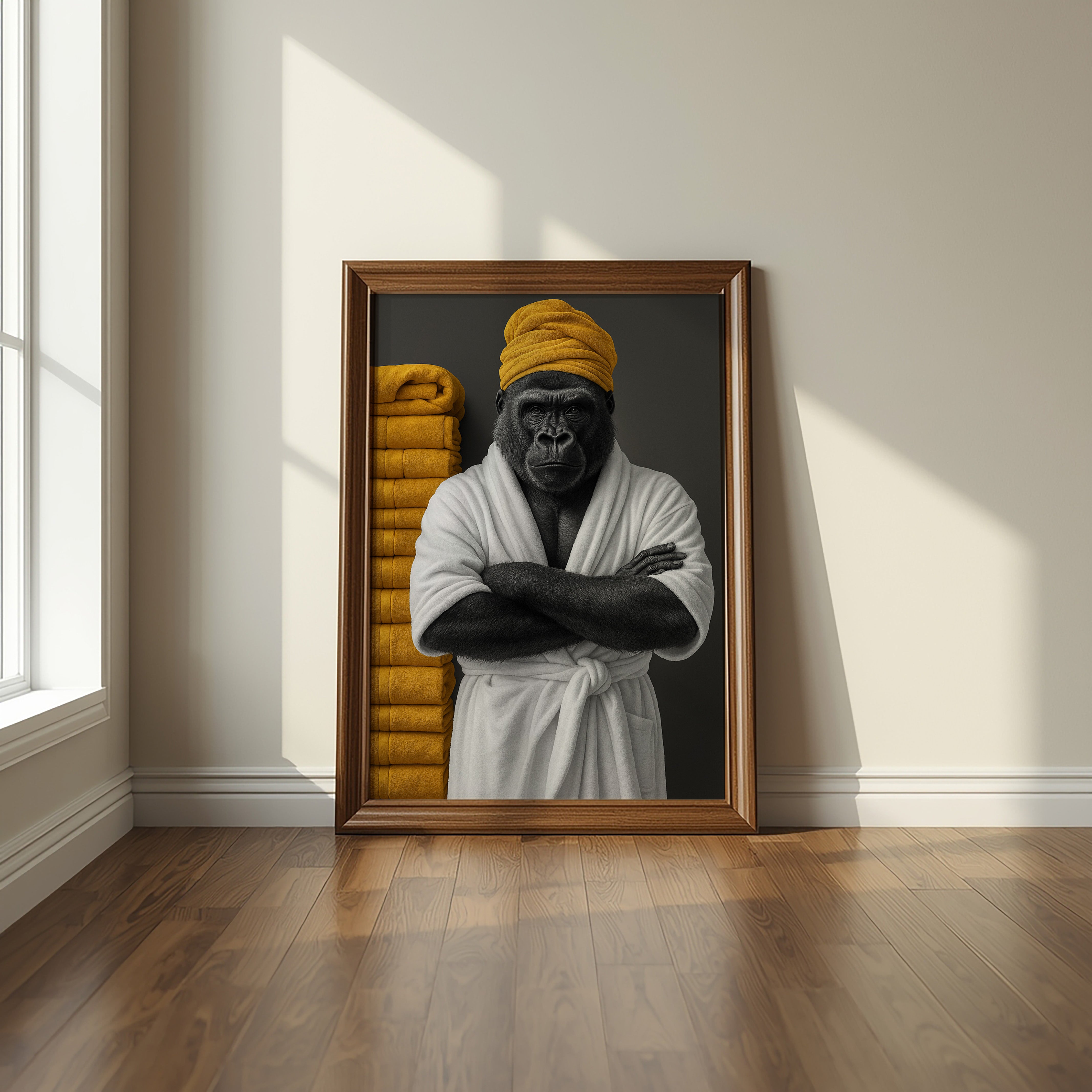 Framed artwork of a gorilla in a robe and yellow towel on a wall.