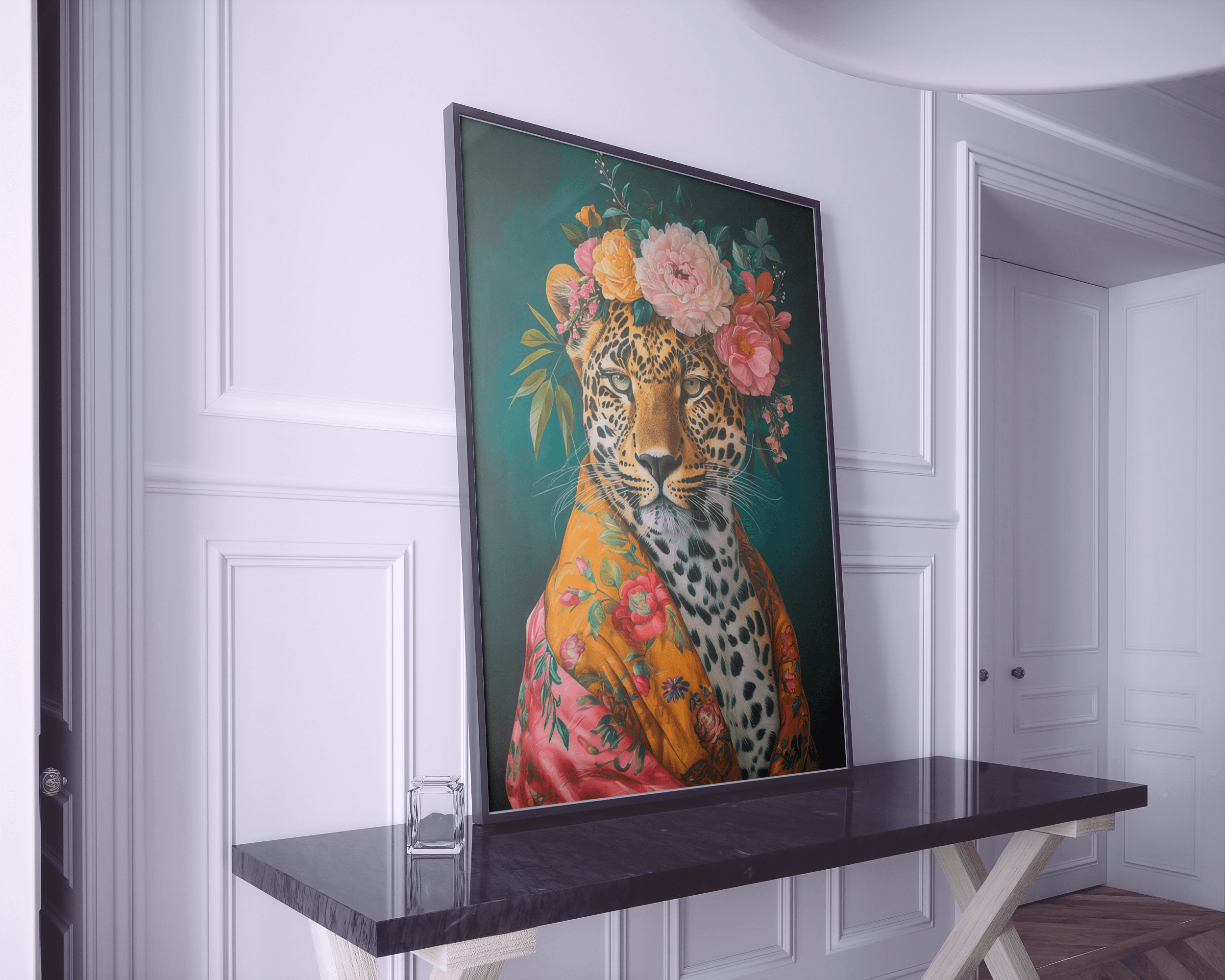 untamed-beauty-leopard-floral-dressing-gown-wall-art-print-unique