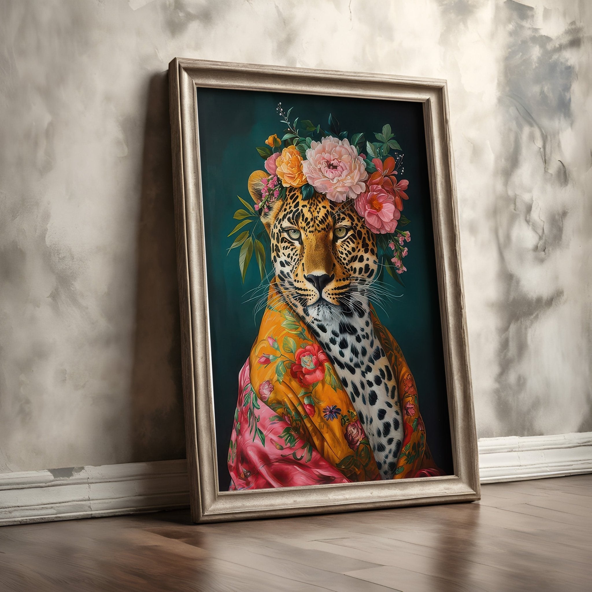 Untamed Beauty | Unique Leopard in Floral Dressing Gown Wall Art Print