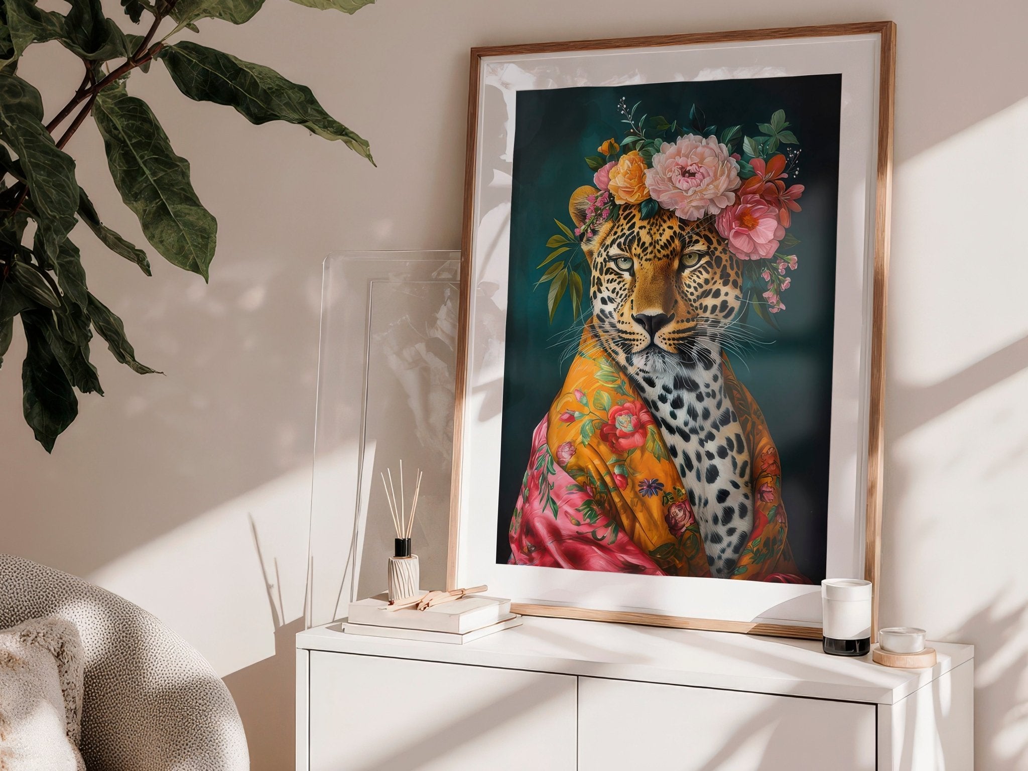 Untamed Beauty | Unique Leopard in Floral Dressing Gown Wall Art Print