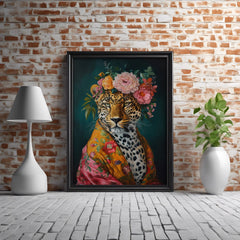 Untamed Beauty | Unique Leopard in Floral Dressing Gown Wall Art Print