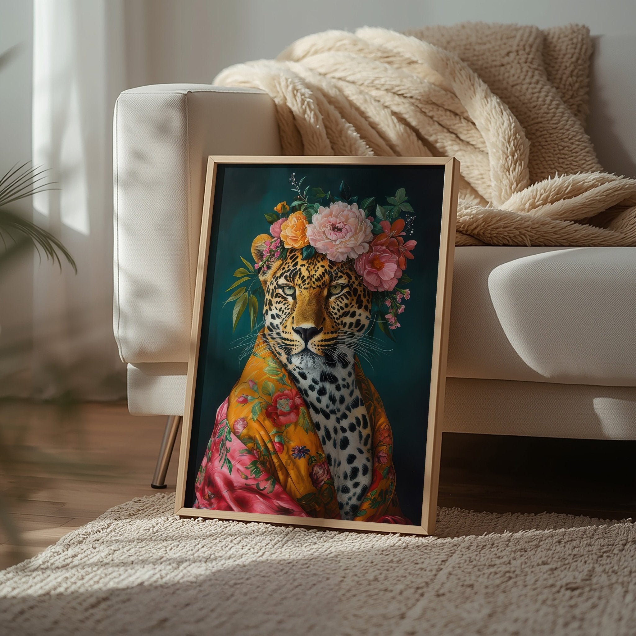 Untamed Beauty | Unique Leopard in Floral Dressing Gown Wall Art Print