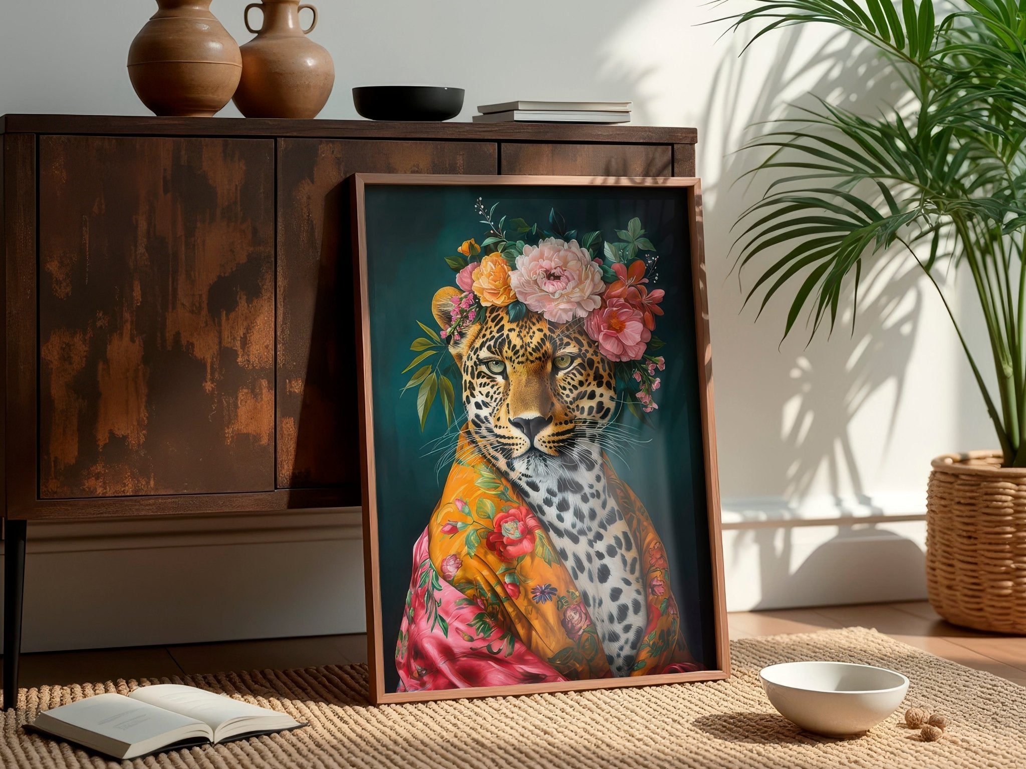 Untamed Beauty | Unique Leopard in Floral Dressing Gown Wall Art Print