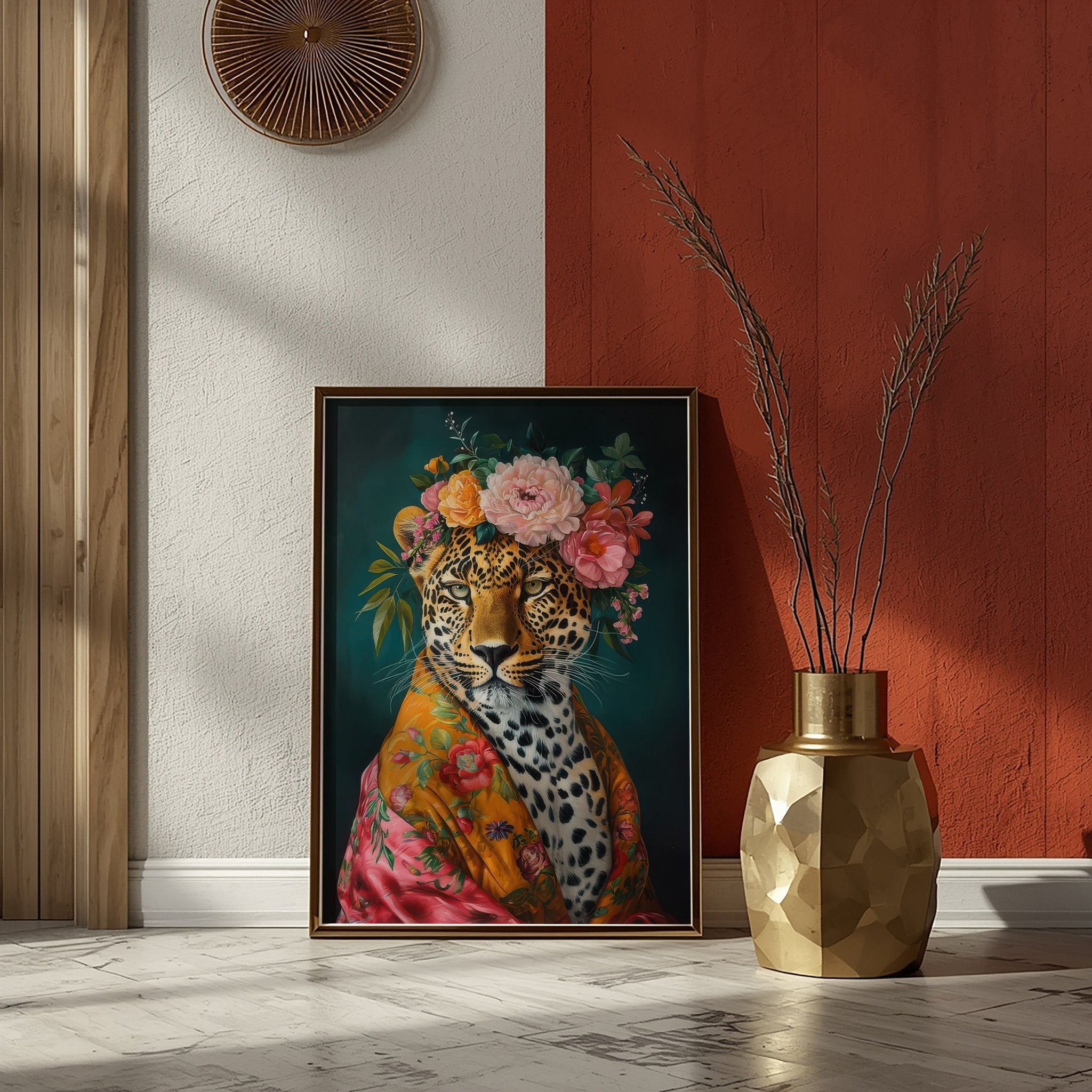 Untamed Beauty | Unique Leopard in Floral Dressing Gown Wall Art Print