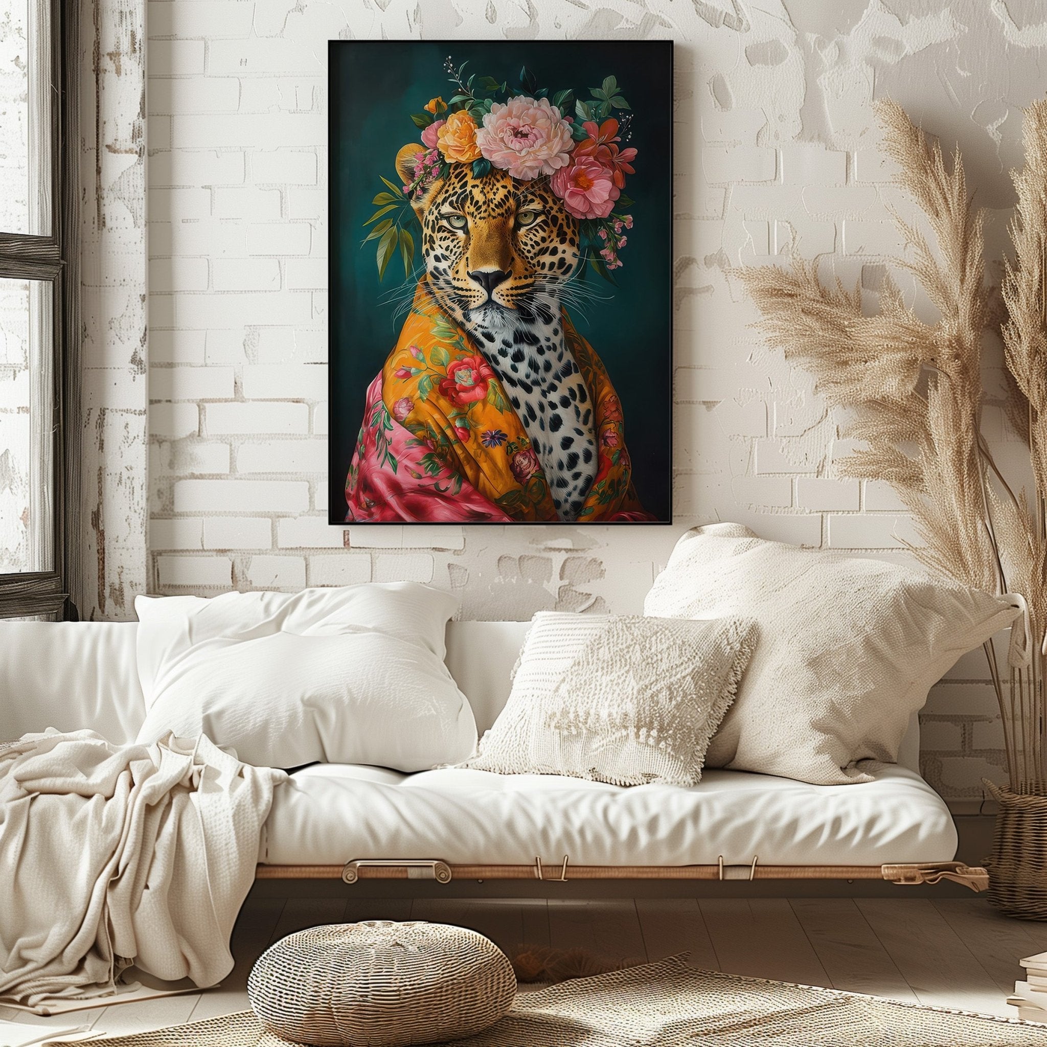Untamed Beauty | Unique Leopard in Floral Dressing Gown Wall Art Print