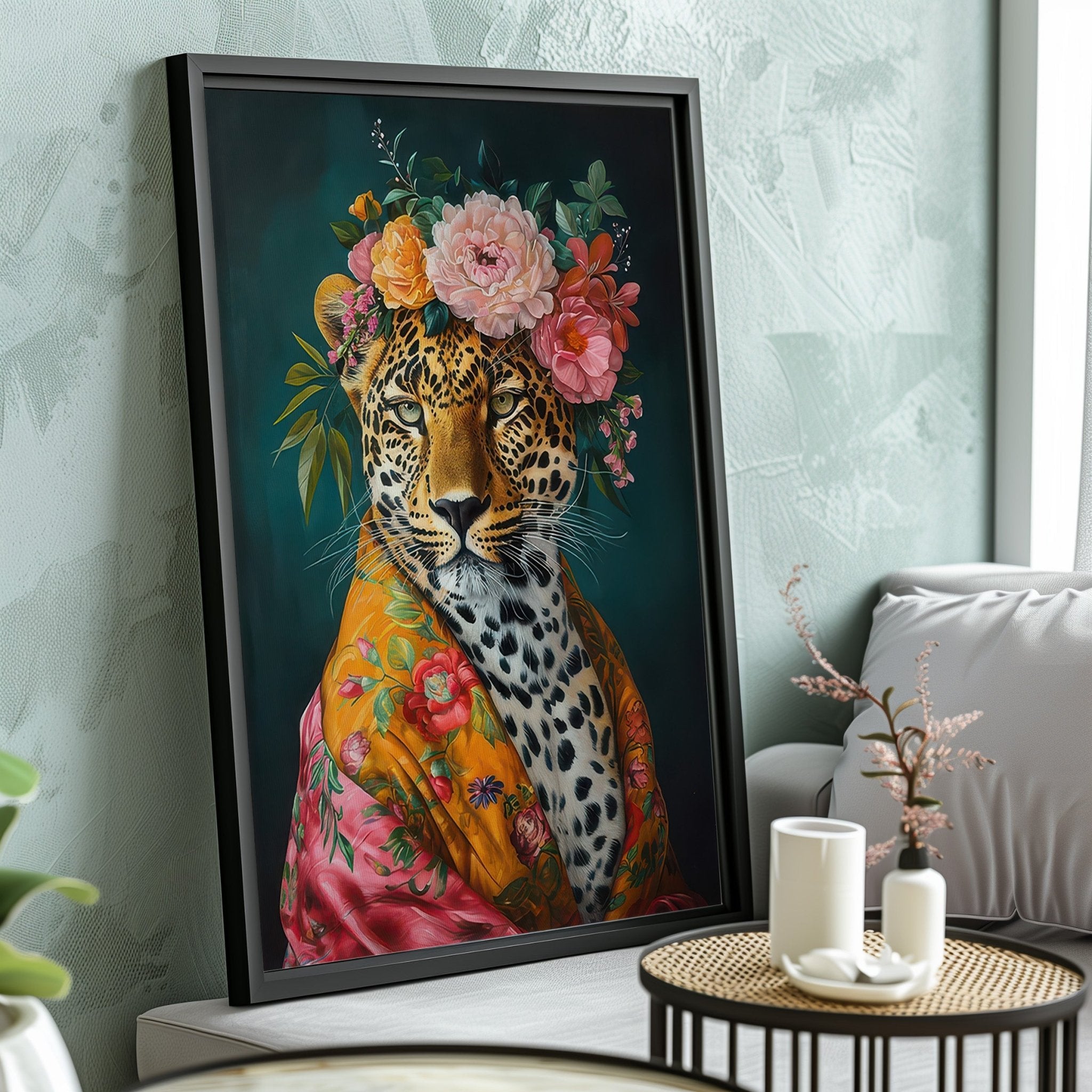 Untamed Beauty | Unique Leopard in Floral Dressing Gown Wall Art Print