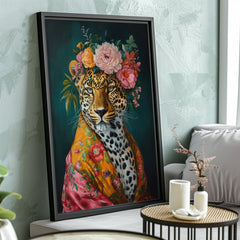 Untamed Beauty | Unique Leopard in Floral Dressing Gown Wall Art Print