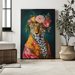 Untamed Beauty | Unique Leopard in Floral Dressing Gown Wall Art Print