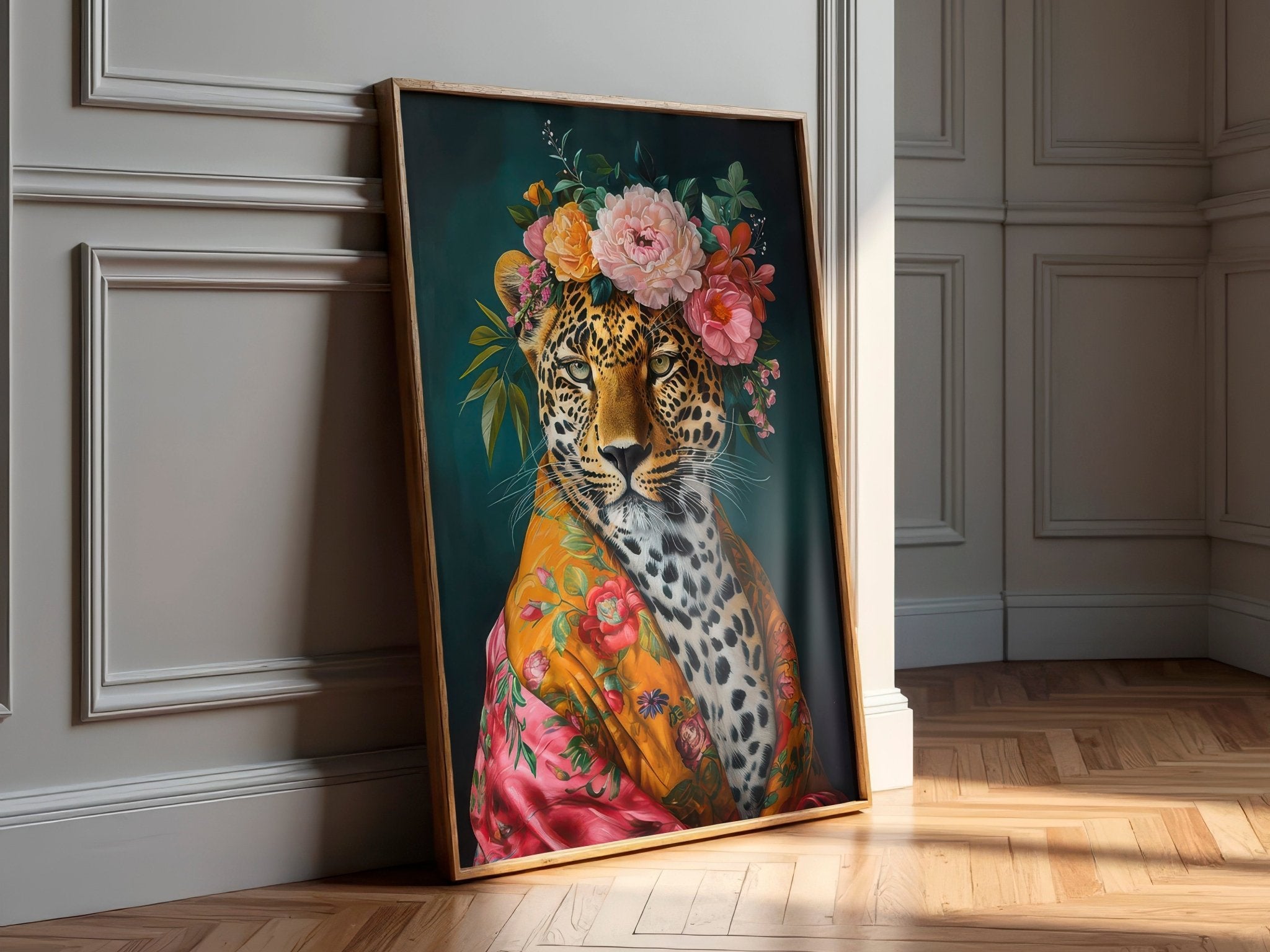 Untamed Beauty | Unique Leopard in Floral Dressing Gown Wall Art Print