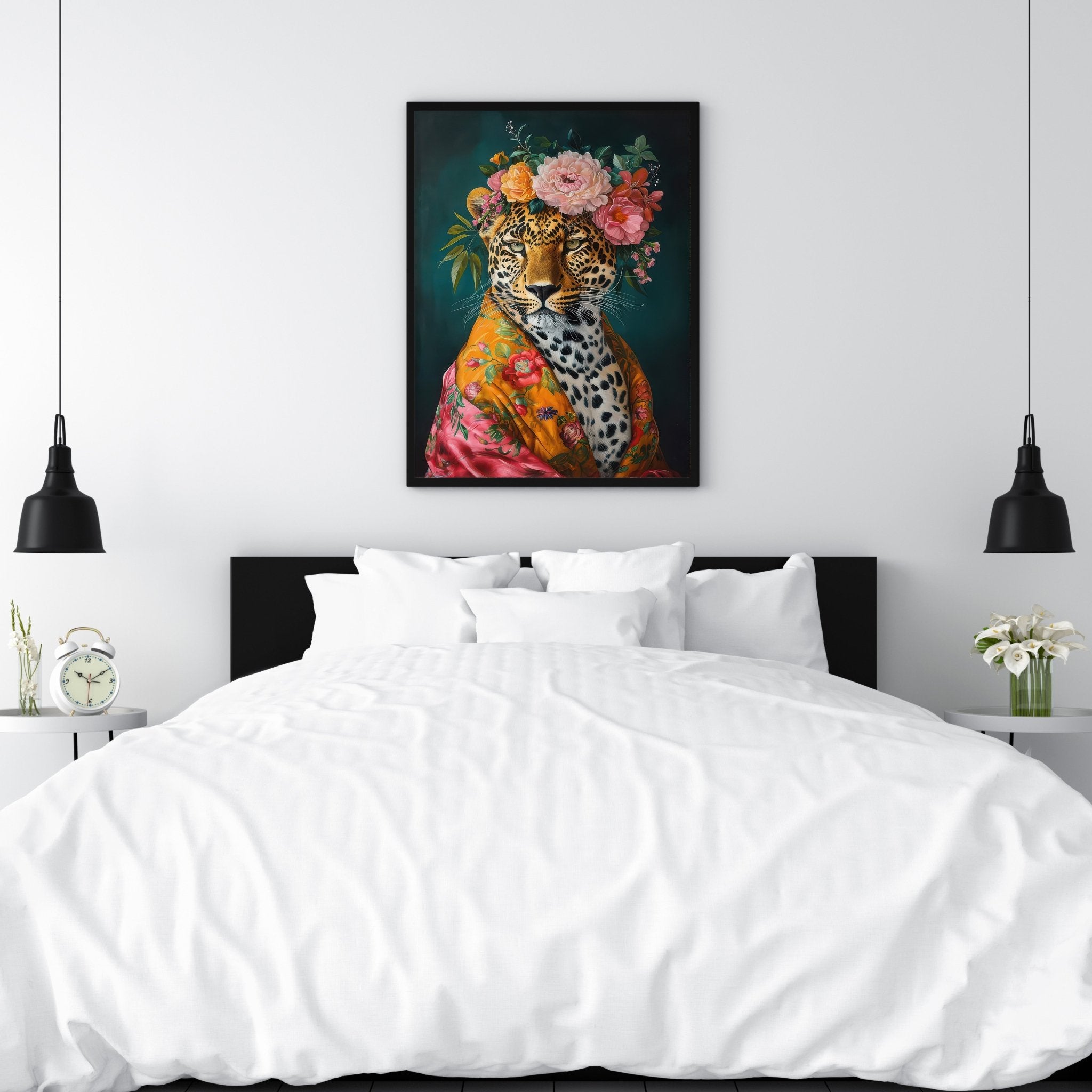 Untamed Beauty | Unique Leopard in Floral Dressing Gown Wall Art Print