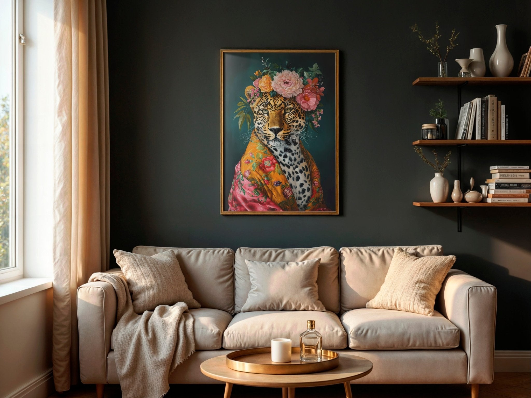 Untamed Beauty | Unique Leopard in Floral Dressing Gown Wall Art Print