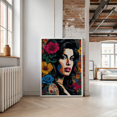 Colorful portrait of a woman with flowers in a modern living room.