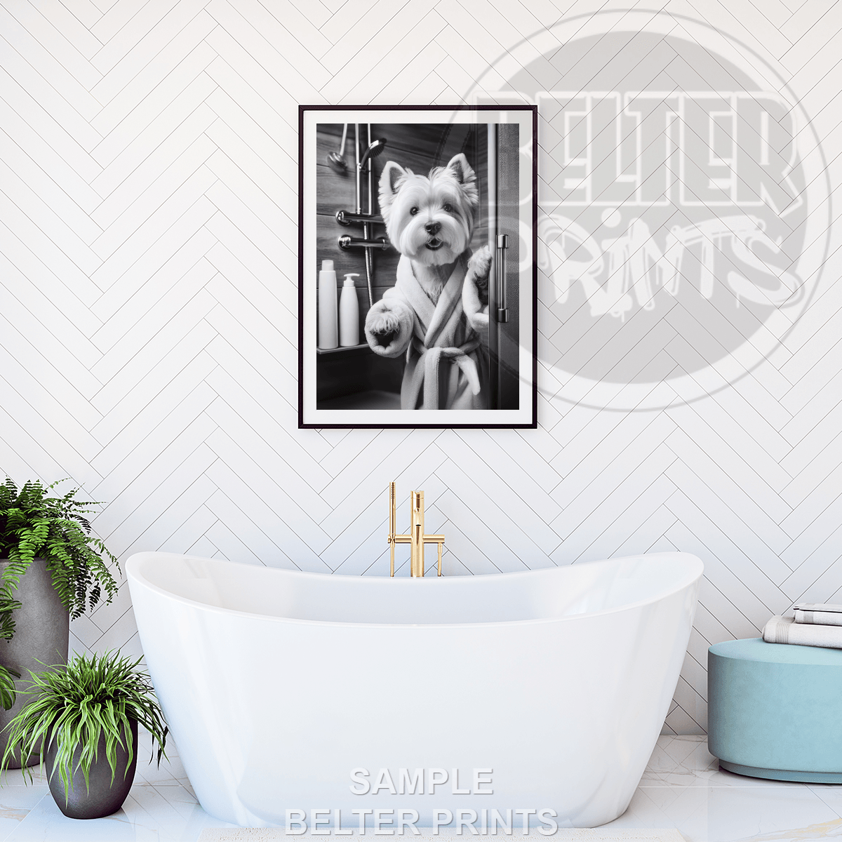 westie-in-dressing-gown-wall-art-print-bathroom
